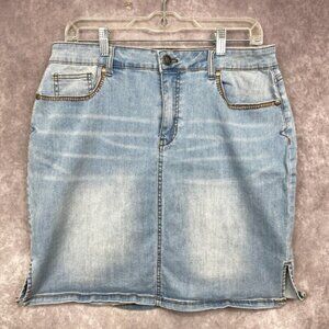 Bit & Bridle Denim Skirt Size 10 Distressed Whiskering Stitching Western Cowgirl